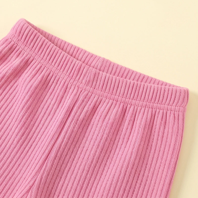 Girls Pink Ribbed Puff Sleeve Top & Flared Pants Co-ord Sets Sets