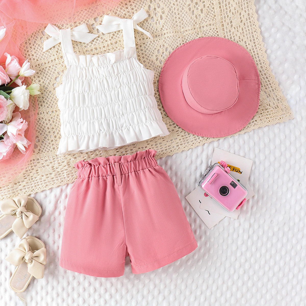 Girls White Smocked Sleeveless Top With Shorts & Hat Sets 2 pc. Sets