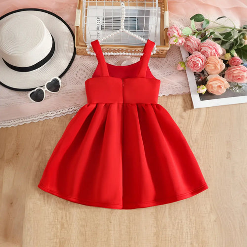 Girls Red Flower Applique Fit & Flare Party Wear Dress Party Dresses