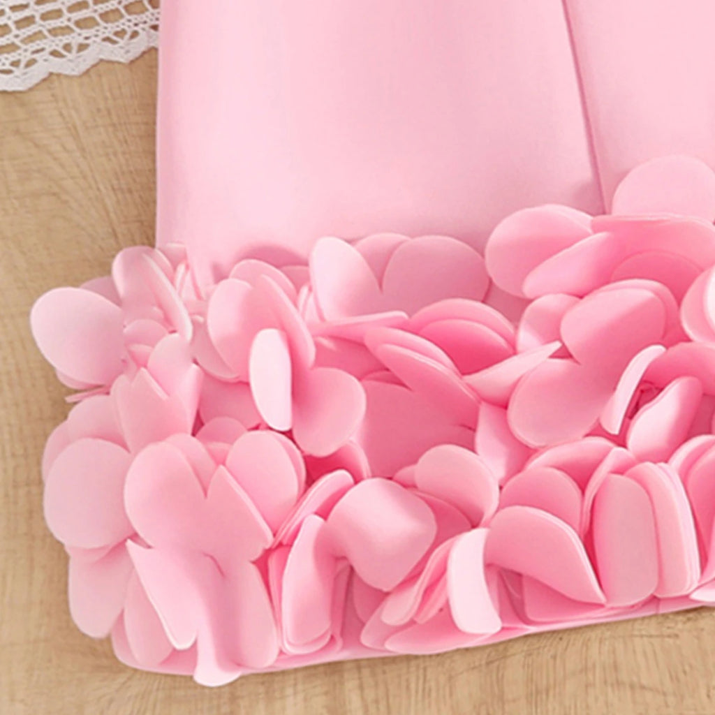 Girls Pink Solid A-line Party Dress With Flower Appliques Party Dresses