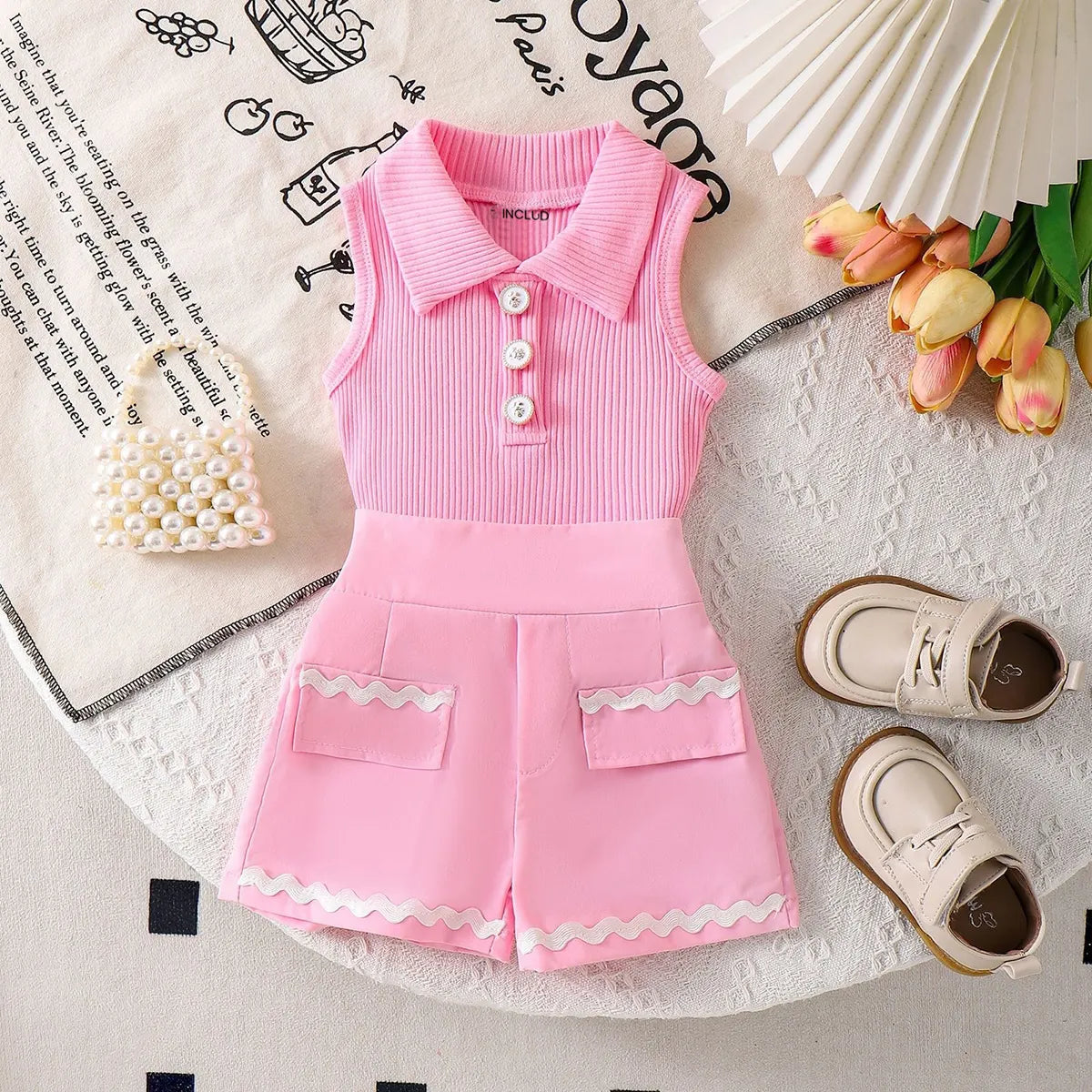 Girls Light Pink Ribbed Polo Top With Shorts Sets 2 pc. Sets Light Pink 1-2 Y