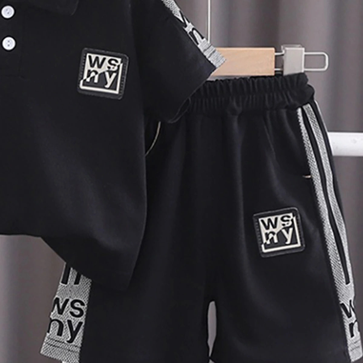 Boys Black Typographic Printed Short Sleeve Polo T-Shirt With Shorts Sets 2 pc. Sets