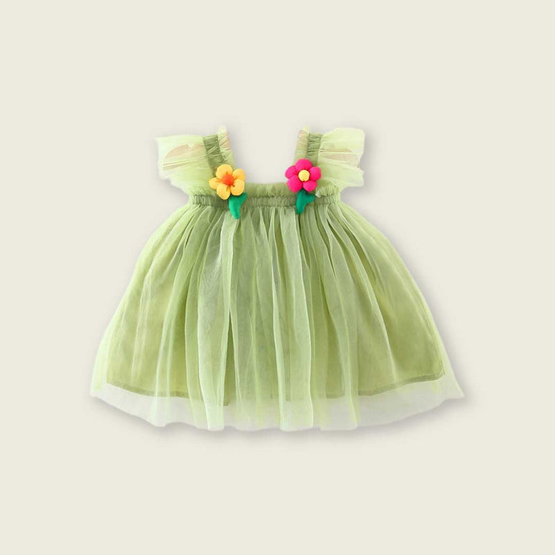 Girls Flower Patch Casual Tulle Dress Casual Dresses Green 1-2 Y 