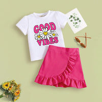 Girls Short Sleeves Typographic Printed Top With Pink Ruffled Skirt Set 2 pc. Sets Pink 3-4 Y