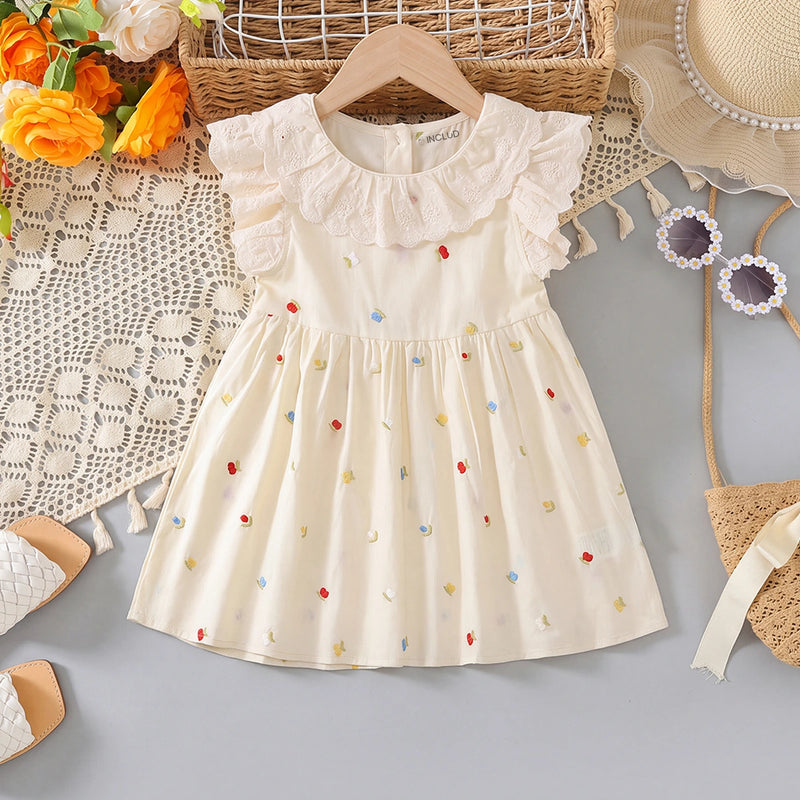 Girls Off White Floral Embroidered Flutter Sleeve A-line Dress Casual Dresses Off White 1-2 Y