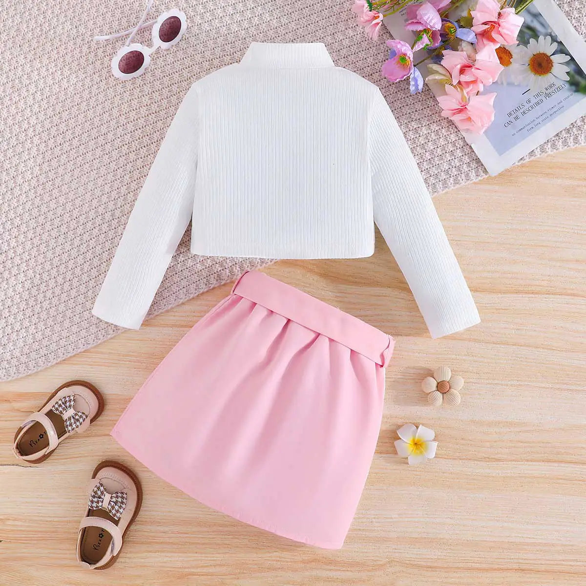 Girls Floral Applique Long Sleeve Top & Pink Skirt Sets Sets
