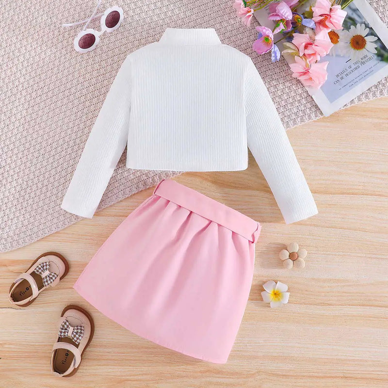 Girls Floral Applique Long Sleeve Top & Pink Skirt Sets Sets