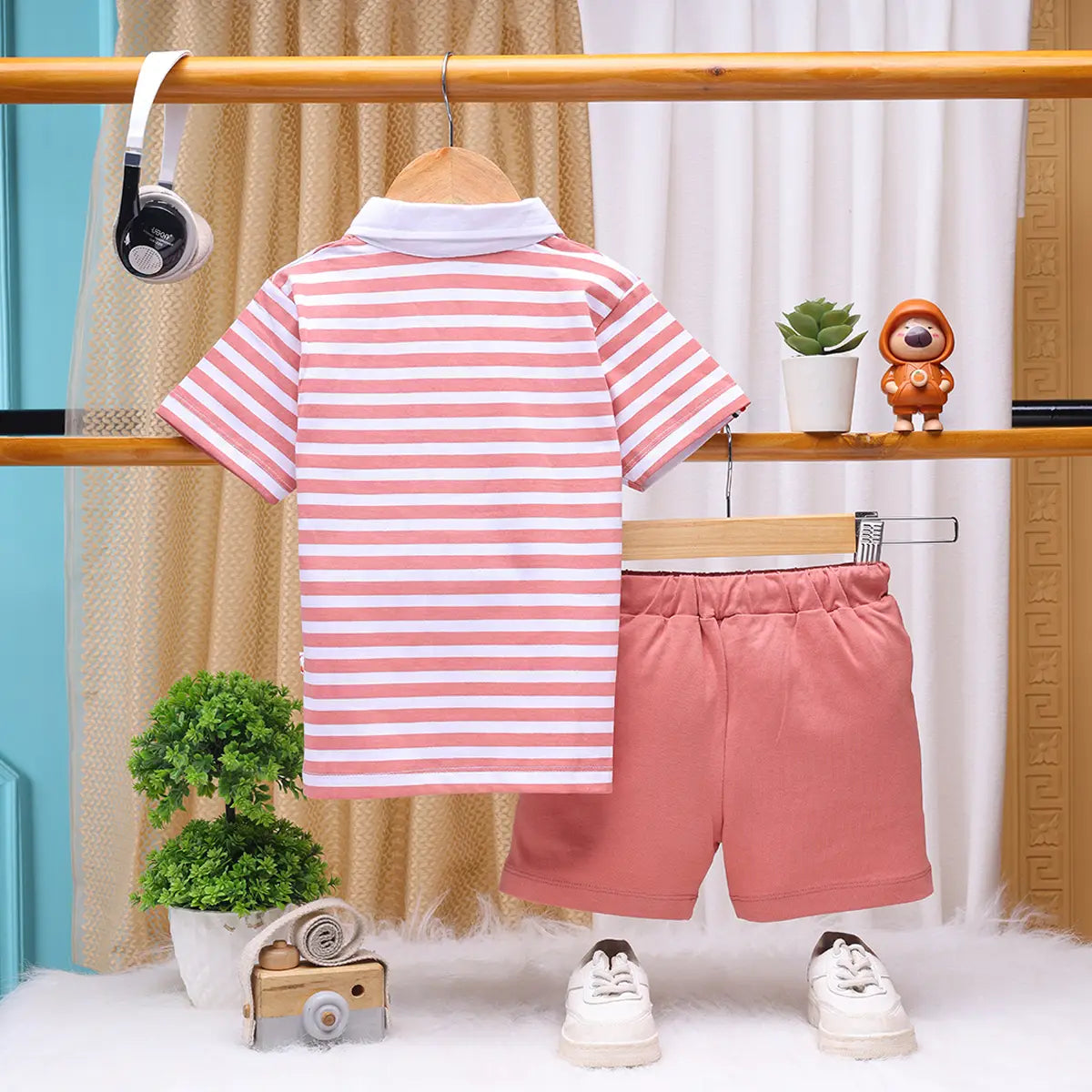 Boys Pink Striped Short Sleeve Polo T-Shirt With Shorts Sets 2 pc. Sets