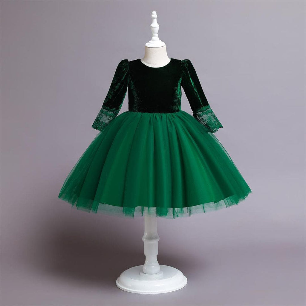 Girls Long Sleeves Velvet Party Wear Dress Party Dresses Green 1-2 Y 