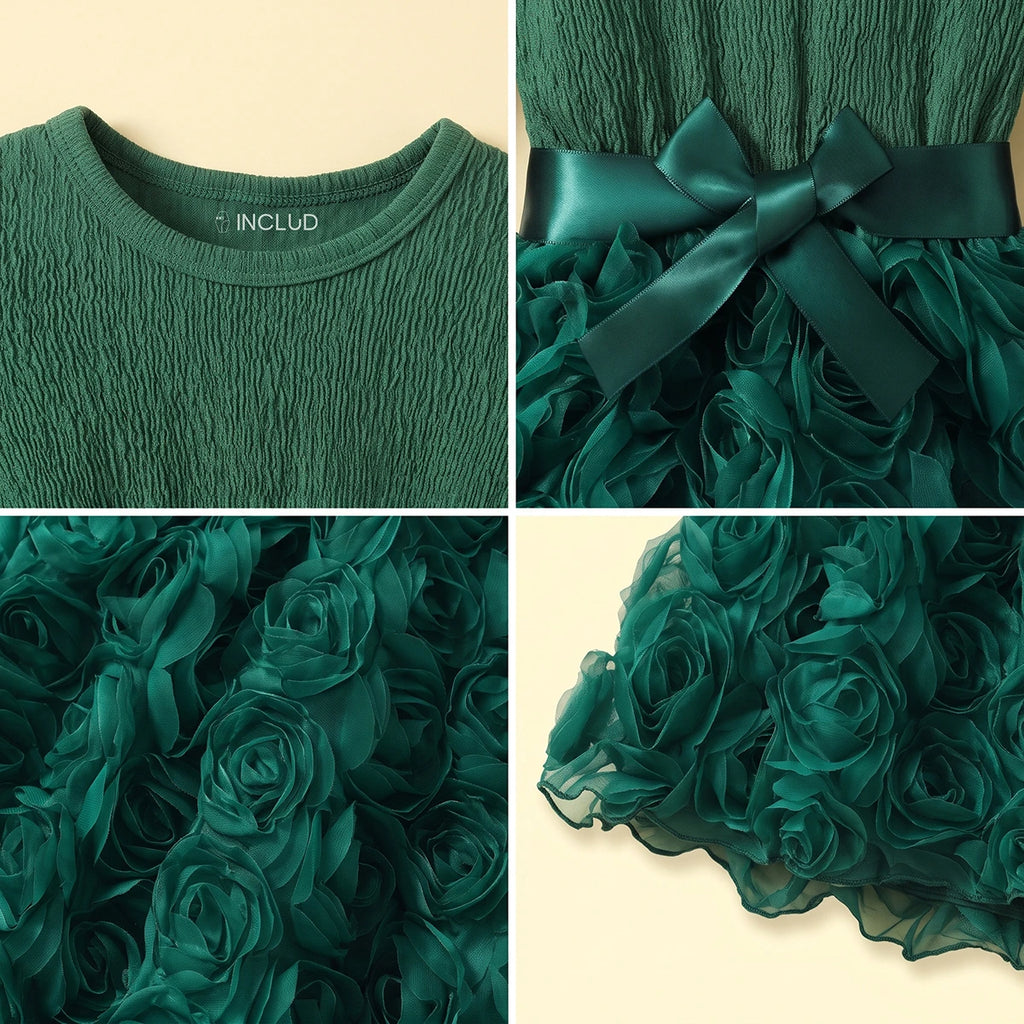 Girls Green Rose Applique Long Sleeve Fit & Flare Dress Casual Dresses