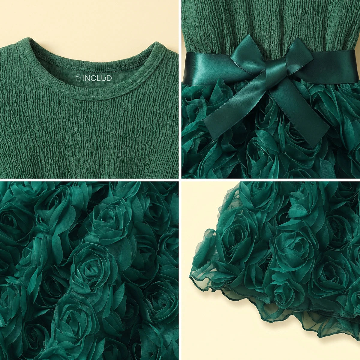 Girls Green Rose Applique Long Sleeve Fit & Flare Dress Casual Dresses