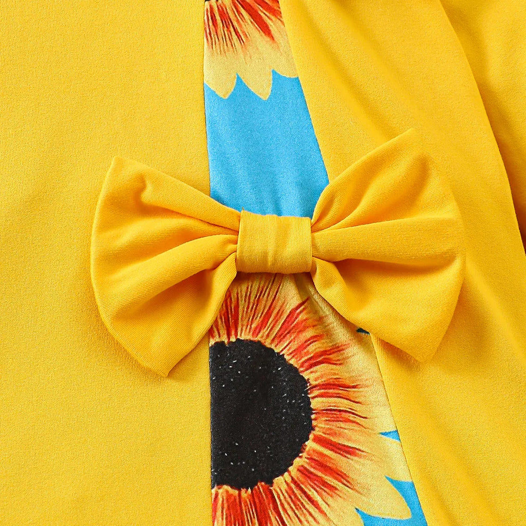 Girls Yellow Floral Printed Long Sleeves A-line Dress With Bow Detail Casual Dresses