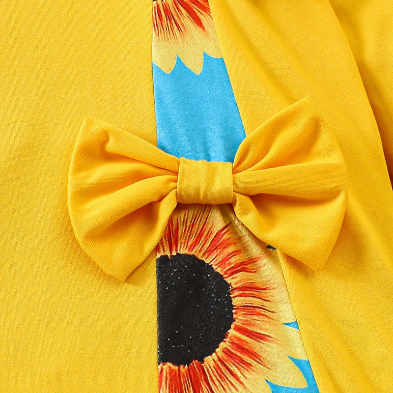 Girls Yellow Floral Printed Long Sleeves A-line Dress With Bow Detail Casual Dresses
