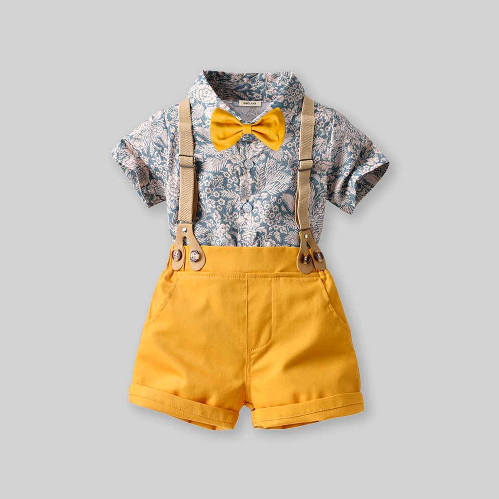 Boys Floral Print Shirt with Bow & Suspender Shorts Set 2 pc. Sets   