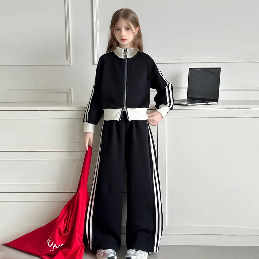 Girls Black Side Striped Zipper Jacket With Wide Leg Pants Sets Sets
