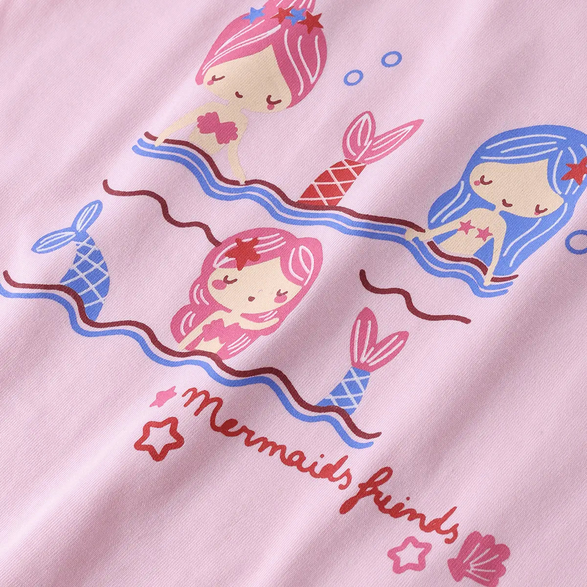 Girls Pink Mermaid Print Short Sleeves Top With Drawcord Shorts Sets Sets
