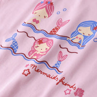 Girls Pink Mermaid Print Short Sleeves Top With Drawcord Shorts Sets Sets