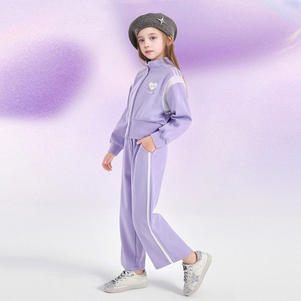 Girls Purple Heart Embroidered Front Zipper Jacket With Pants Winter Set 2 pc. Sets