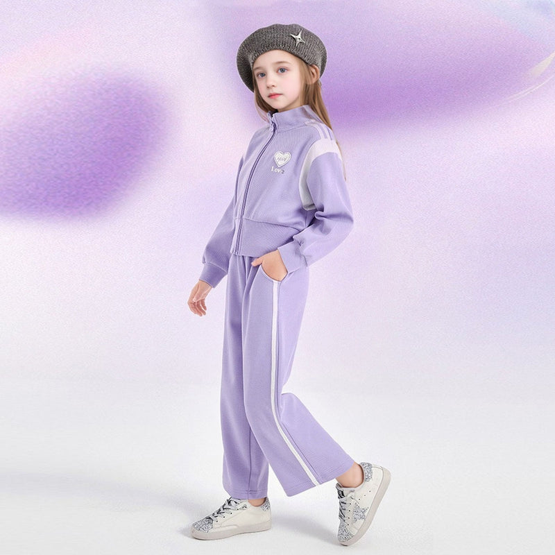 Girls Purple Heart Embroidered Front Zipper Jacket With Pants Winter Set 2 pc. Sets