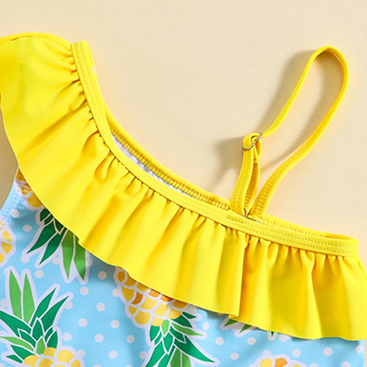 Girls Yellow Pineapple Print One Shoulder Top With Briefs Swimwear Sets Sets