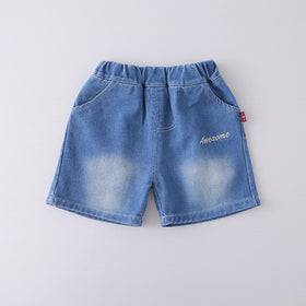 Boys Grey Typographic Print T-Shirt With Denim Shorts Set Sets