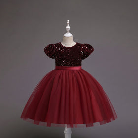 Girls Maroon Puff Sleeve Sequins Embellished Fit & Flare Party Wear Dress Party Dresses Maroon 2-3 Y