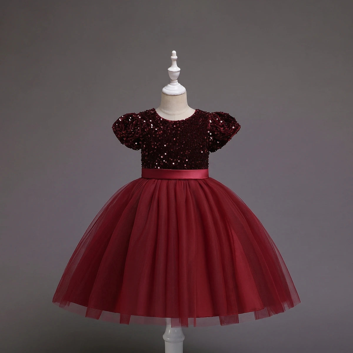 Girls Maroon Puff Sleeve Sequins Embellished Fit & Flare Party Wear Dress Party Dresses Maroon 2-3 Y