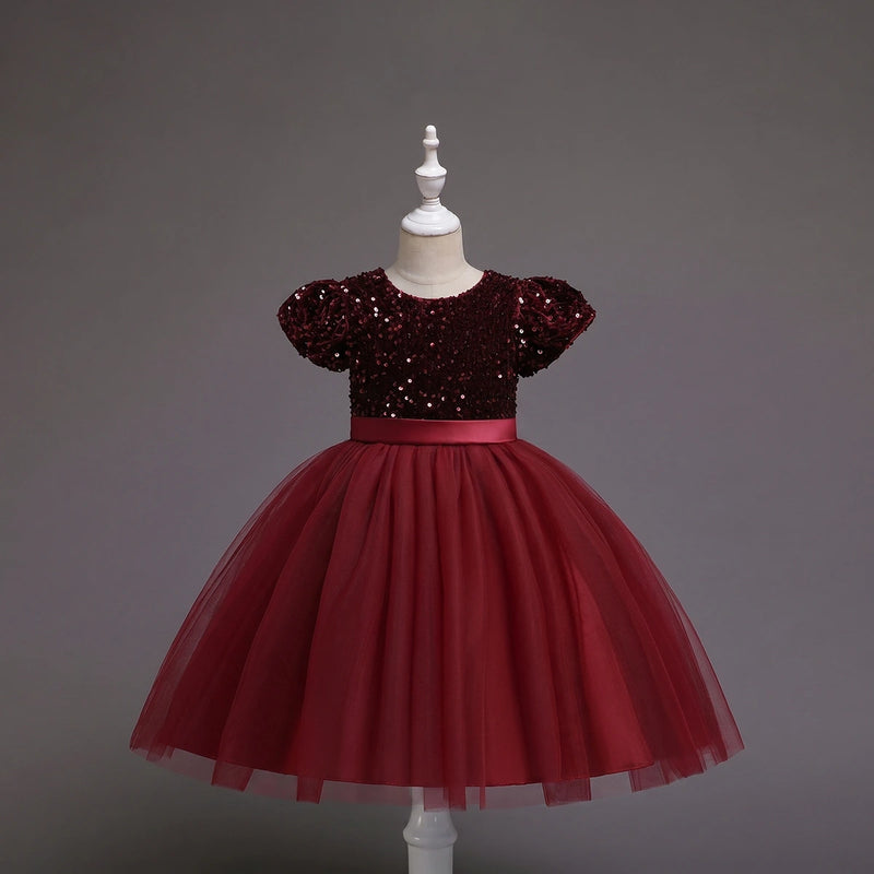 Girls Maroon Puff Sleeve Sequins Embellished Fit & Flare Party Wear Dress Party Dresses Maroon 2-3 Y