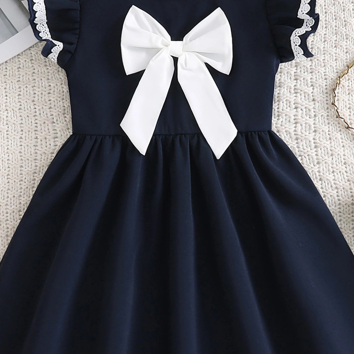 Girls Navy Blue Bow Applique Flutter Sleeve Fit & Flare Dress Casual Dresses