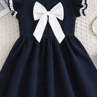 Girls Navy Blue Bow Applique Flutter Sleeve Fit & Flare Dress Casual Dresses