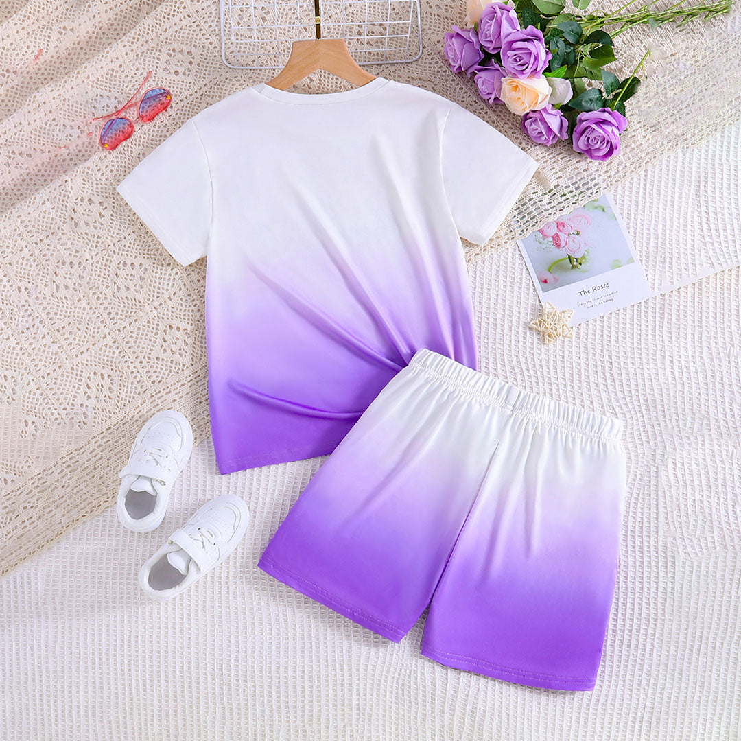 Girls White-Purple Ombre Effect T-shirt with Shorts Set Sets