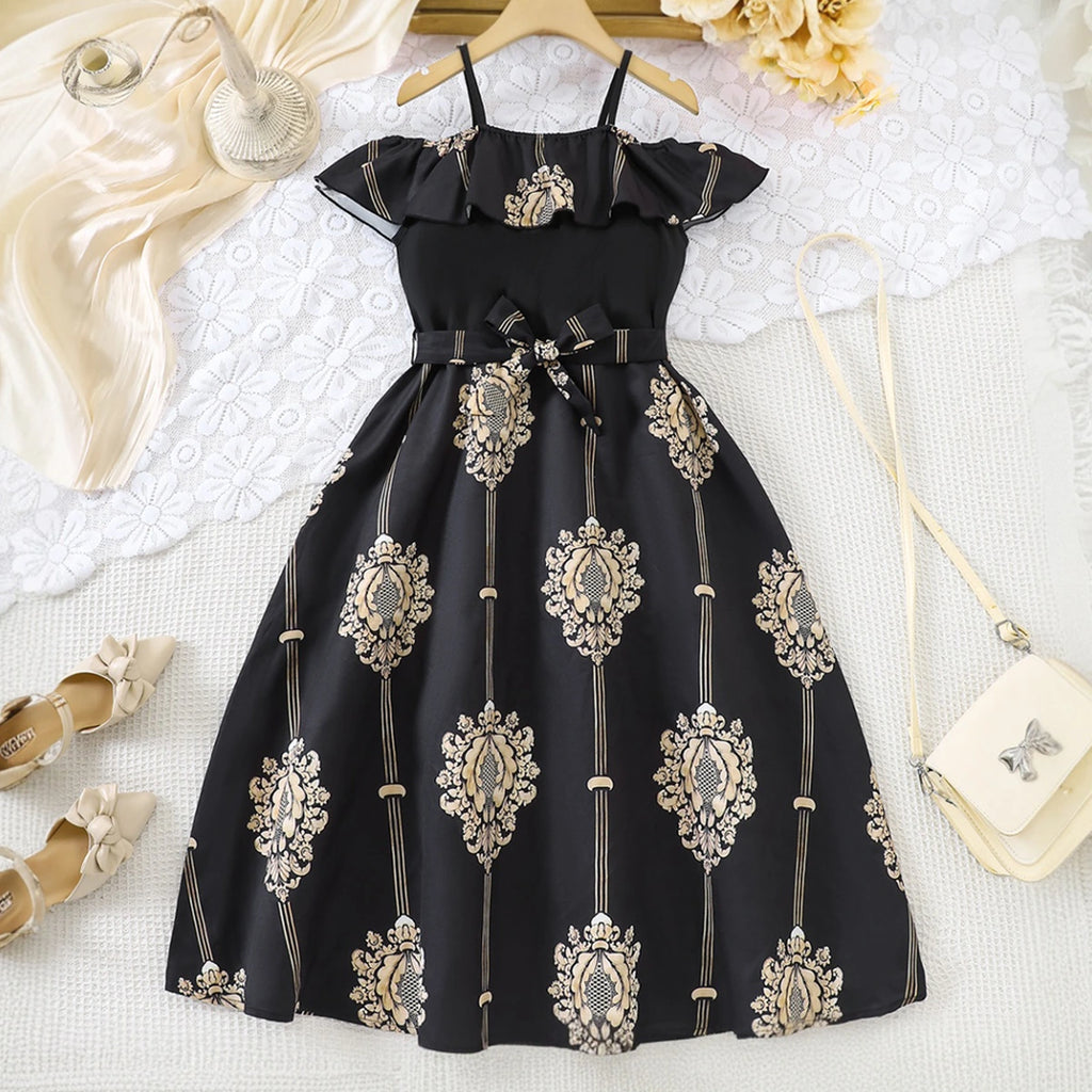 Girls Black Ethnic Motifs Print Sleeveless Fit & Flare Dress Casual Dresses Black 7-8 Y