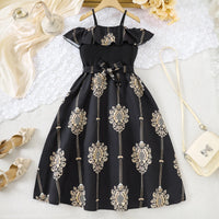 Girls Black Ethnic Motifs Print Sleeveless Fit & Flare Dress Casual Dresses Black 7-8 Y