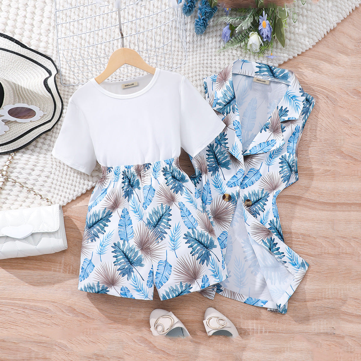 Girls Blue Tropical Print Waistcoat and Shorts with Solid Tee Set Sets