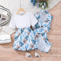 Girls Blue Tropical Print Waistcoat and Shorts with Solid Tee Set Sets