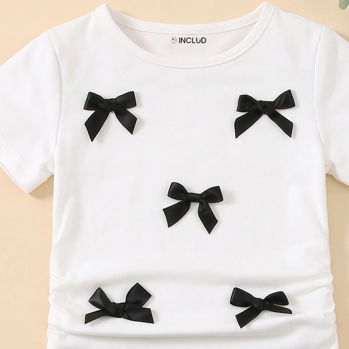 Girls White Short Sleeve Bow Applique Top With Skirt Sets 2 pc. Sets