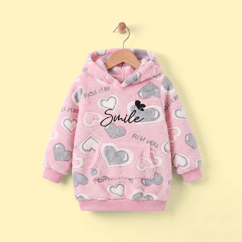 Girls Pink Heart Self-Design Hooded Sweatshirt Sweatshirts & Hoodies Pink 2-3 Y