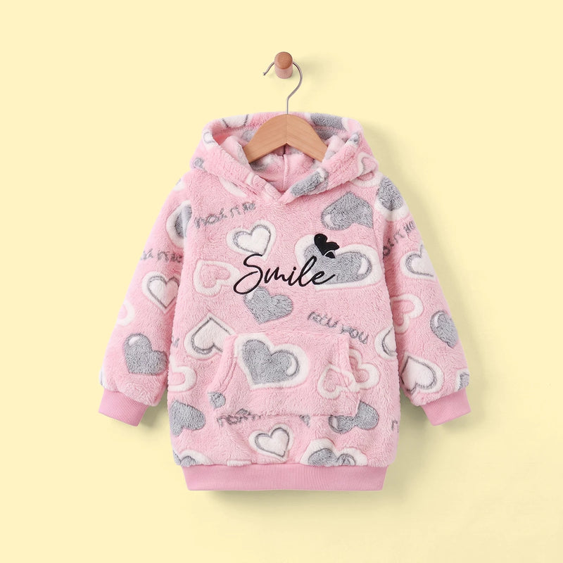 Girls Pink Heart Self-Design Hooded Sweatshirt Sweatshirts & Hoodies Pink 2-3 Y