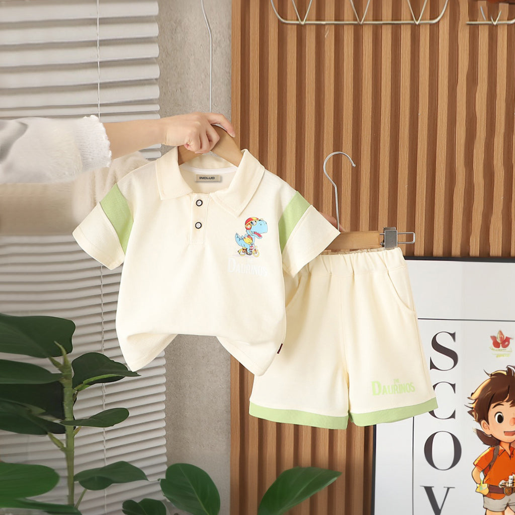 Boys Beige Graphic Printed Color-blocked Polo T-Shirt With Shorts Set 2 pc. Sets Beige 1-2 Y