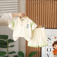 Boys Beige Graphic Printed Color-blocked Polo T-Shirt With Shorts Set 2 pc. Sets Beige 1-2 Y