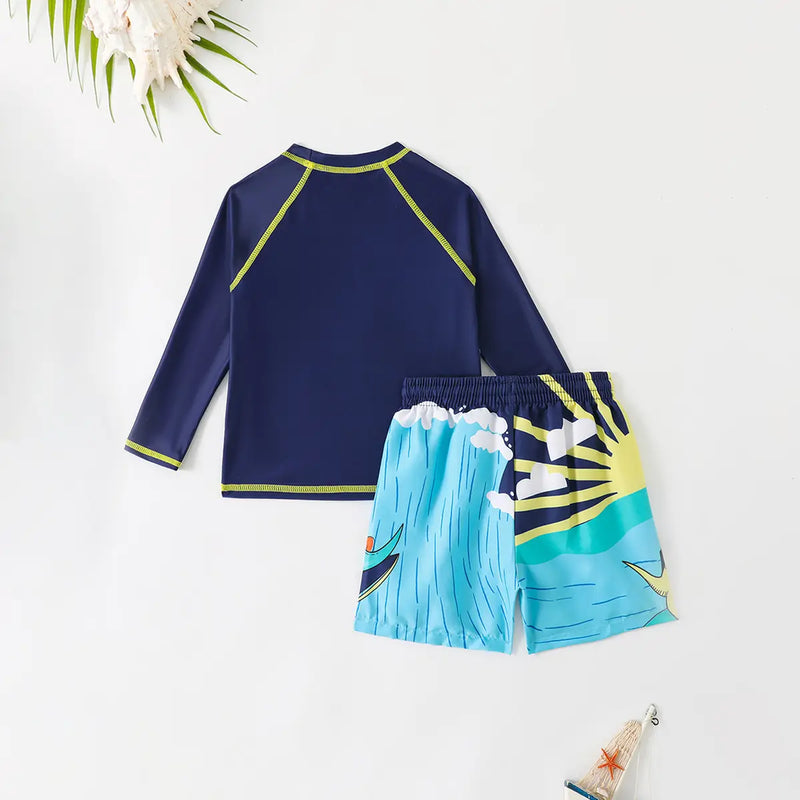 Boys Sky Blue Dinosaur Print T-Shirt With Shorts Swimwear Sets Beachwear