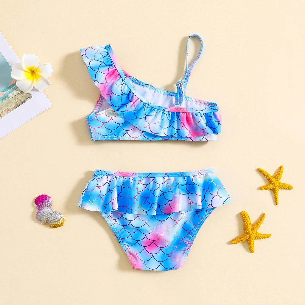 Girls Blue Abstract Printed One Shoulder top With Briefs Swimwear Sets Sets