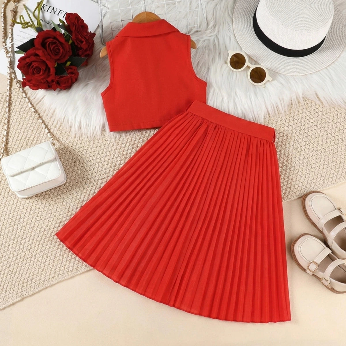 Girls Red Sleeveless Top With Pleated Flared Skirt Sets 2 pc. Sets