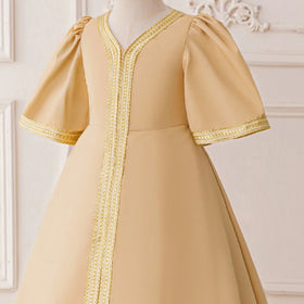 Girls Beige Embroidered Maxi Dress With Short Sleeves Casual Dresses