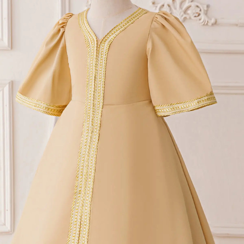Girls Beige Embroidered Maxi Dress With Short Sleeves Casual Dresses