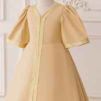 Girls Beige Embroidered Maxi Dress With Short Sleeves Casual Dresses