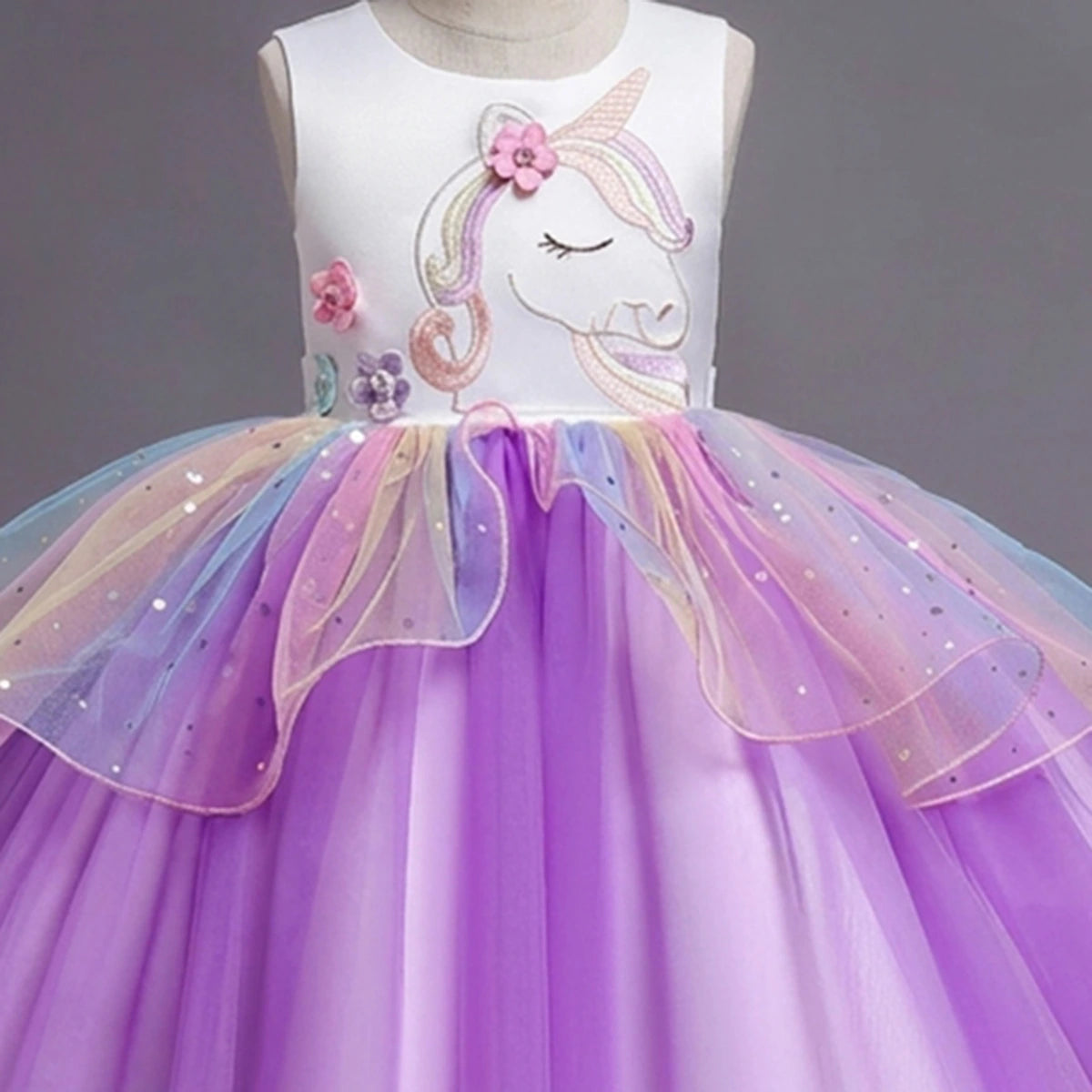 Girls Purple Unicorn Embroidered Sleeveless Fit & Flare Party Wear Dress Party Dresses