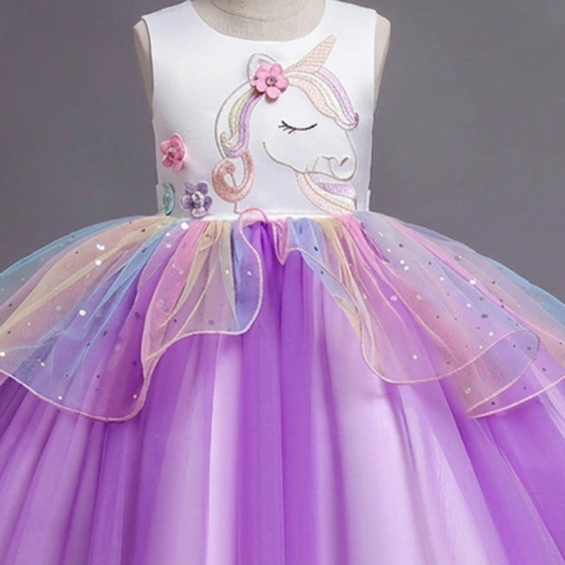 Girls Purple Unicorn Embroidered Sleeveless Fit & Flare Party Wear Dress Party Dresses