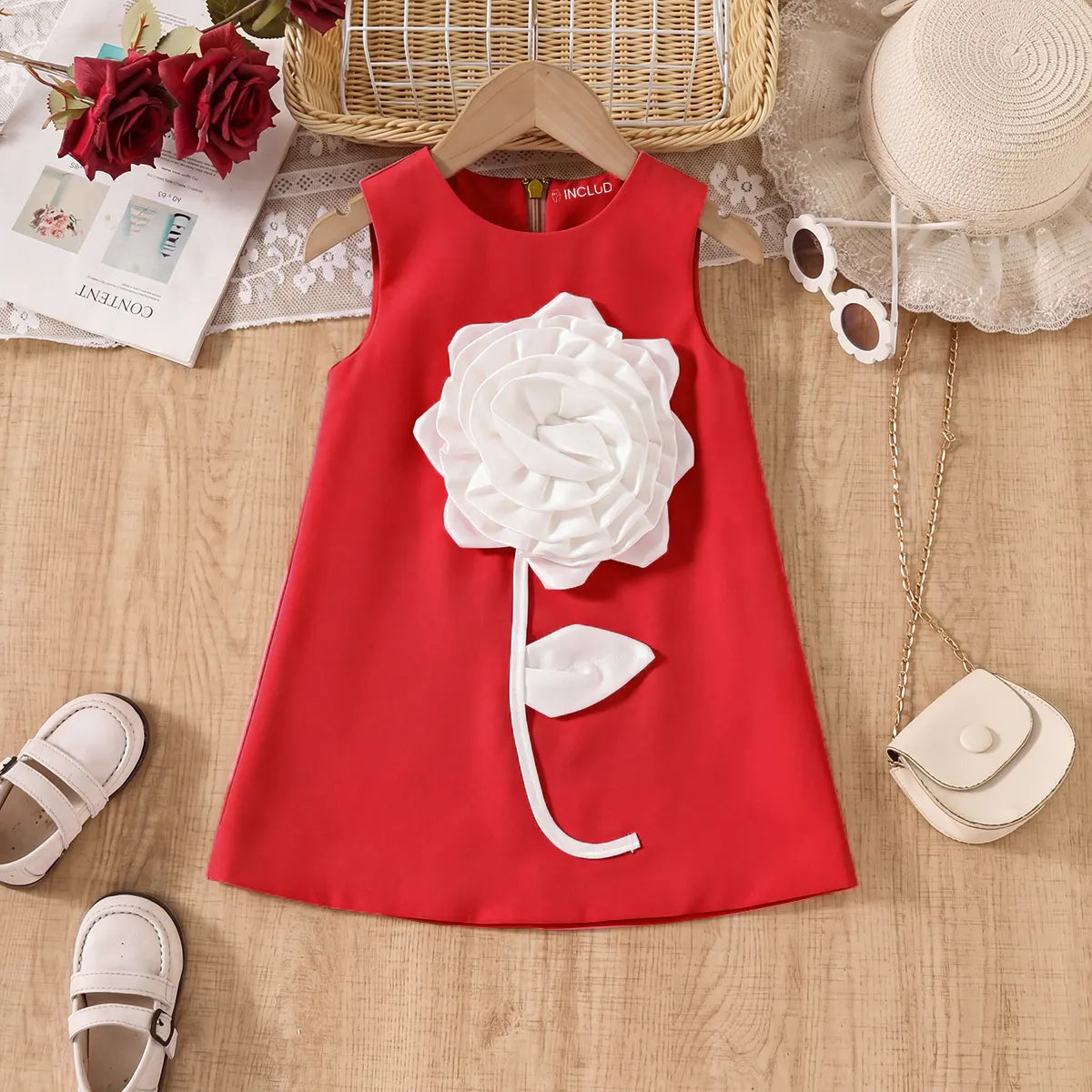 Girls Red Rose Applique A-line Party Dress Party Dresses Red 2-3 Y
