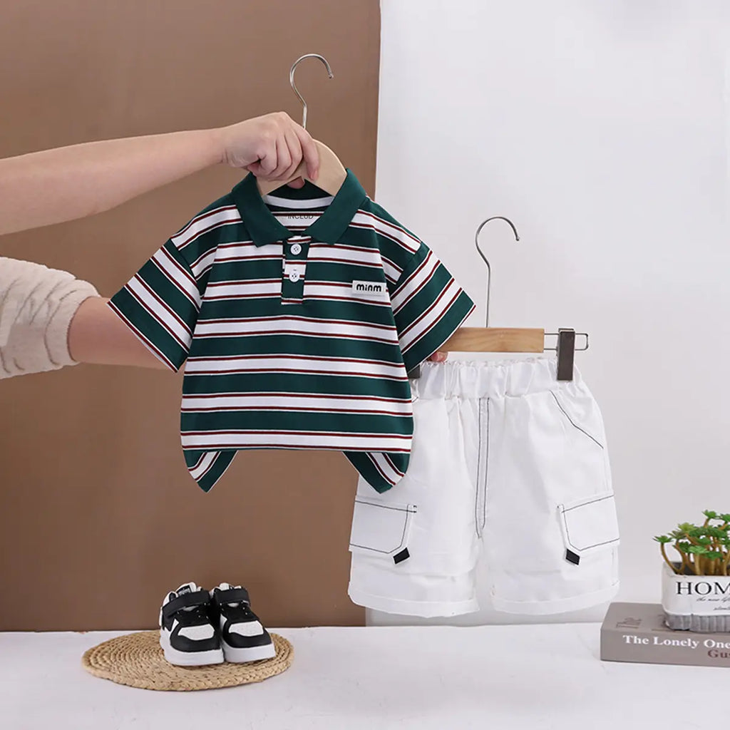 Boys Dark Green Striped Polo T-shirt With Elasticated Shorts Sets 2 pc. Sets Dark Green 1-2 Y